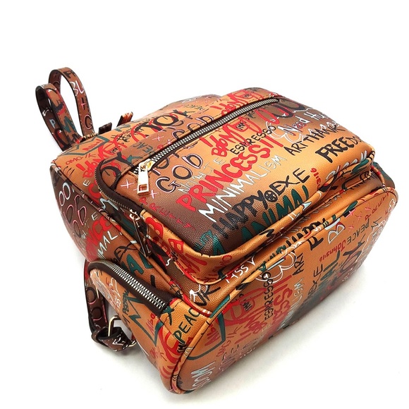 NEW Graffiti Print Backpack Brown, Black,  Multi